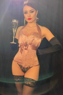 Rose Gold Halterneck Overbust Ribbon Corset 33 Rose Gold Halterneck Overbust Ribbon Corset -Corset Story A3787 CustomerPic July2021