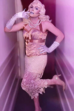 Rose Gold Halterneck Overbust Ribbon Corset 32 Rose Gold Halterneck Overbust Ribbon Corset -Corset Story A3787 Customerpic June2021