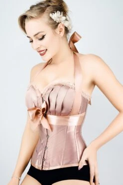 Rose Gold Halterneck Overbust Ribbon Corset 20 Rose Gold Halterneck Overbust Ribbon Corset -Corset Story A3787 Side