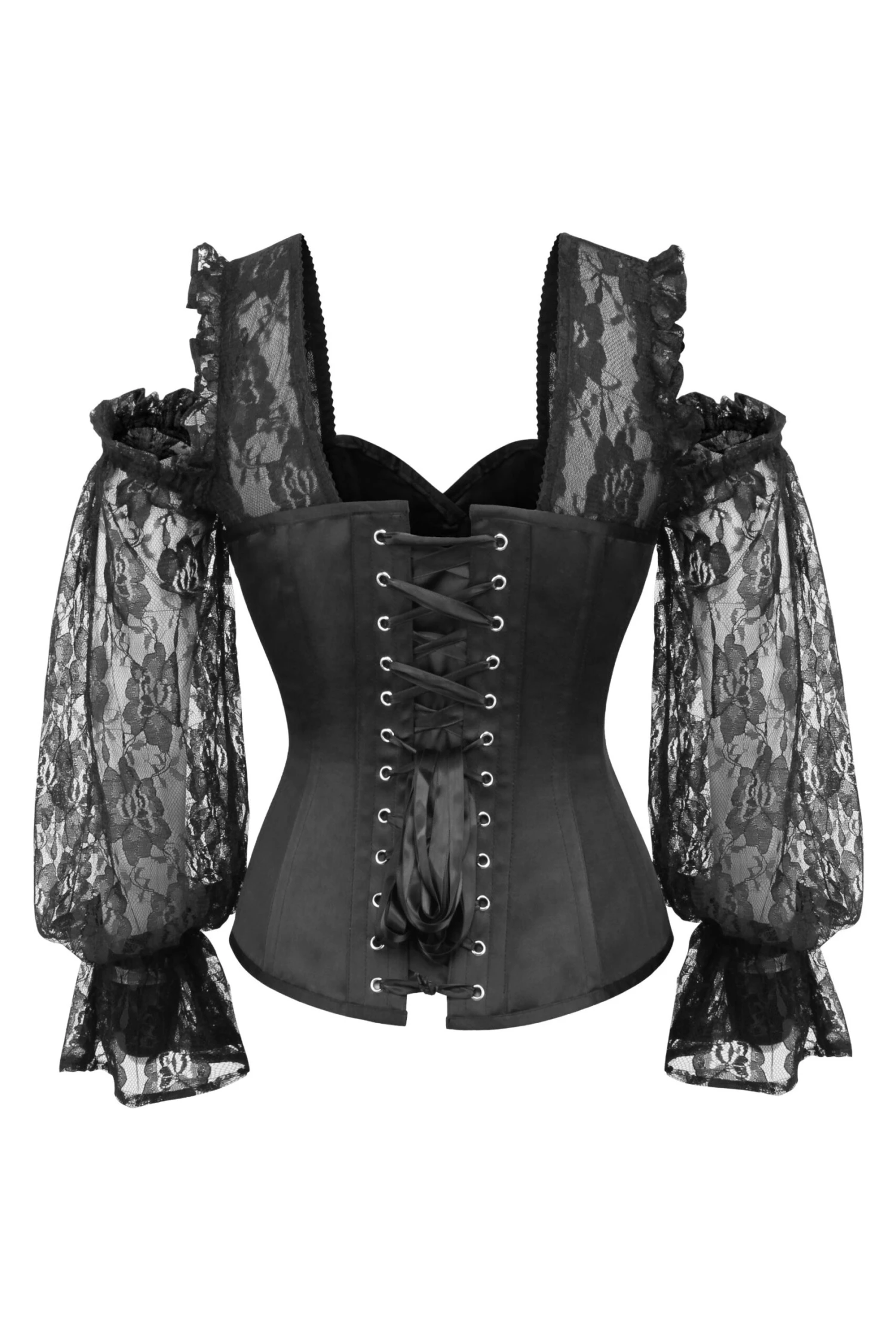 Black Satin Overbust With Lace Sleeves 2 Black Satin Overbust With Lace Sleeves - Image 2