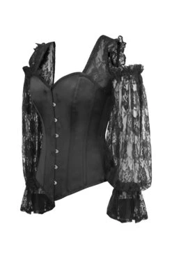 Black Satin Overbust With Lace Sleeves 5 Black Satin Overbust With Lace Sleeves -Corset Story BC 0013S