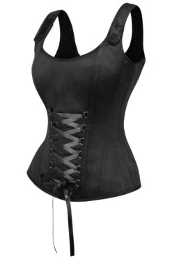 Black Satin Overbust Corset With Zip Fastening And Button Detail Straps -Corset Story BC 0043
