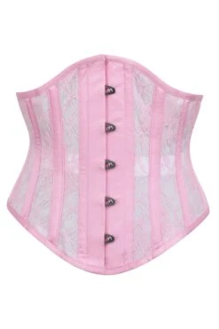 Pink Satin Underbust Corset With Mesh Panels And Lace Overlay