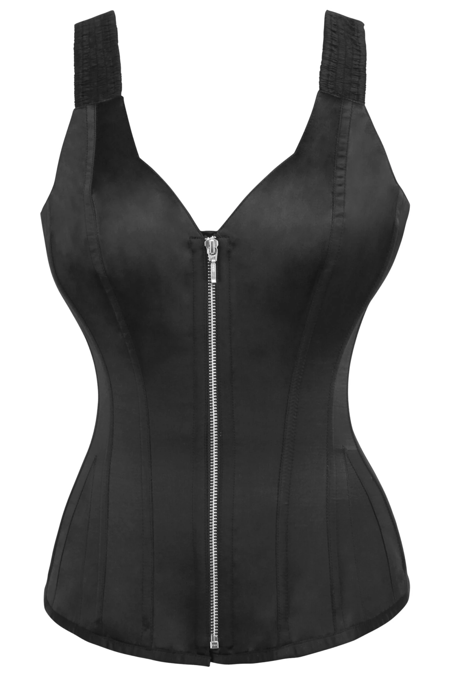 Black Satin Overbust Corset With Shoulder Straps And Zip 1 Black Satin Overbust Corset With Shoulder Straps And Zip