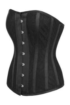 Black Satin Edwardian Longline Overbust Corset With Lace Overlay Panels -Corset Story BC 0093