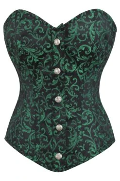 Green And Black Brocade Overbust Corset With Front Zip And Button Detailing