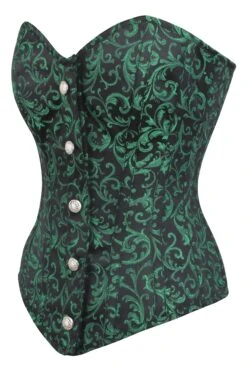 Green And Black Brocade Overbust Corset With Front Zip And Button Detailing -Corset Story BC 0123