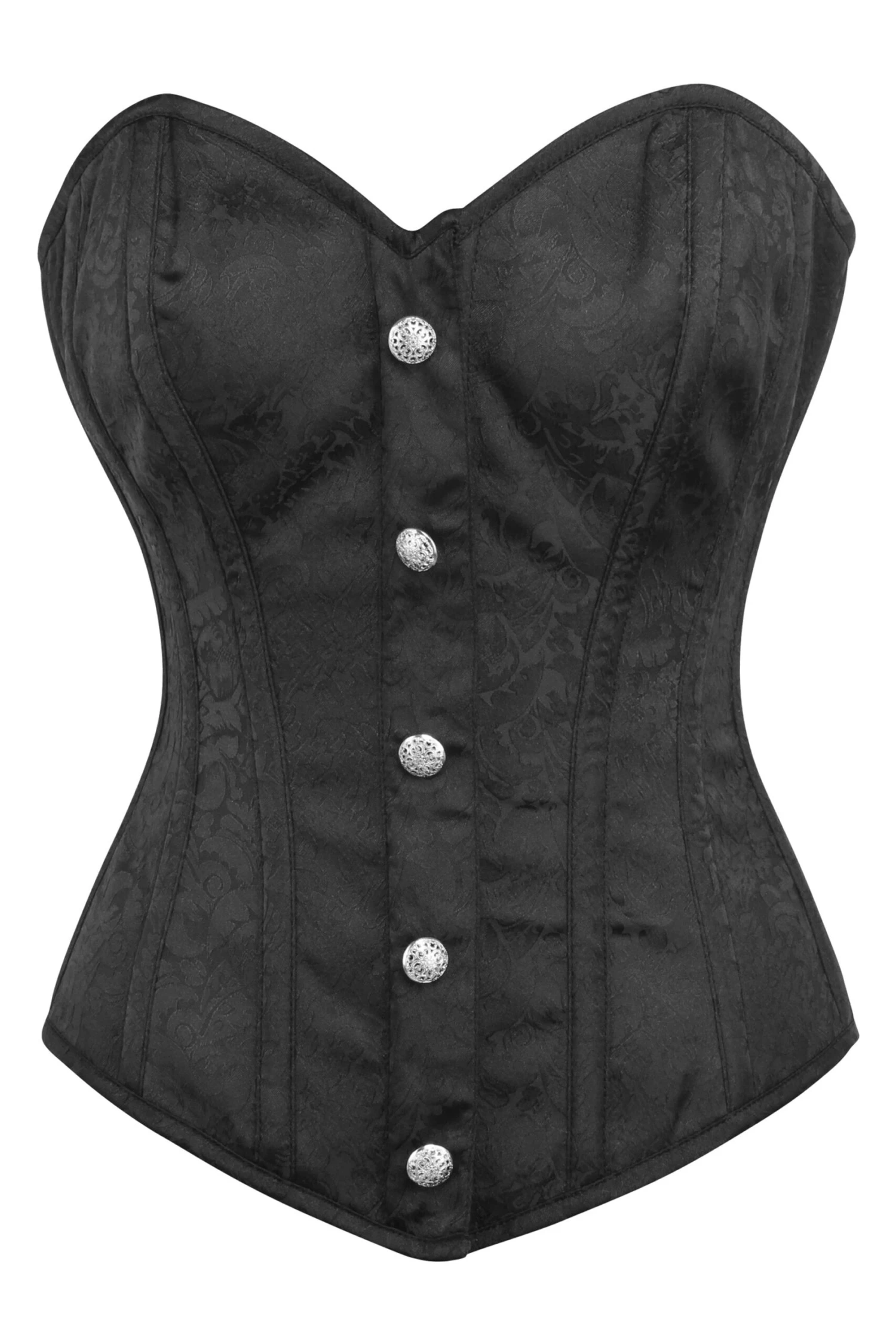 Black Brocade Overbust Corset With Front Zip And Button Detailing 1 Black Brocade Overbust Corset With Front Zip And Button Detailing