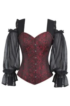 Red And Black Brocade Corset Top With Long Chiffon Sleeves
