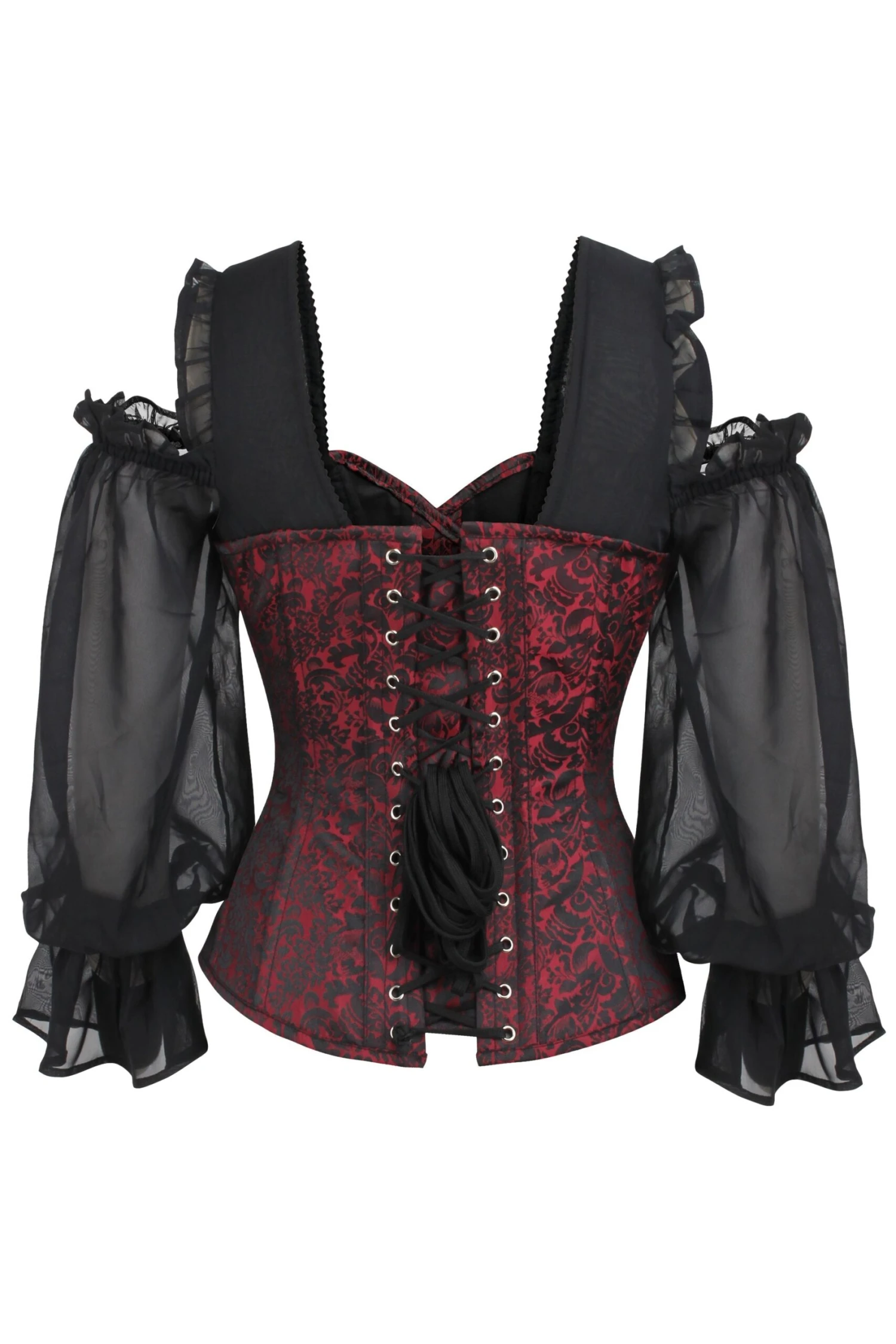 Red And Black Brocade Corset Top With Long Chiffon Sleeves 2 Red And Black Brocade Corset Top With Long Chiffon Sleeves - Image 2