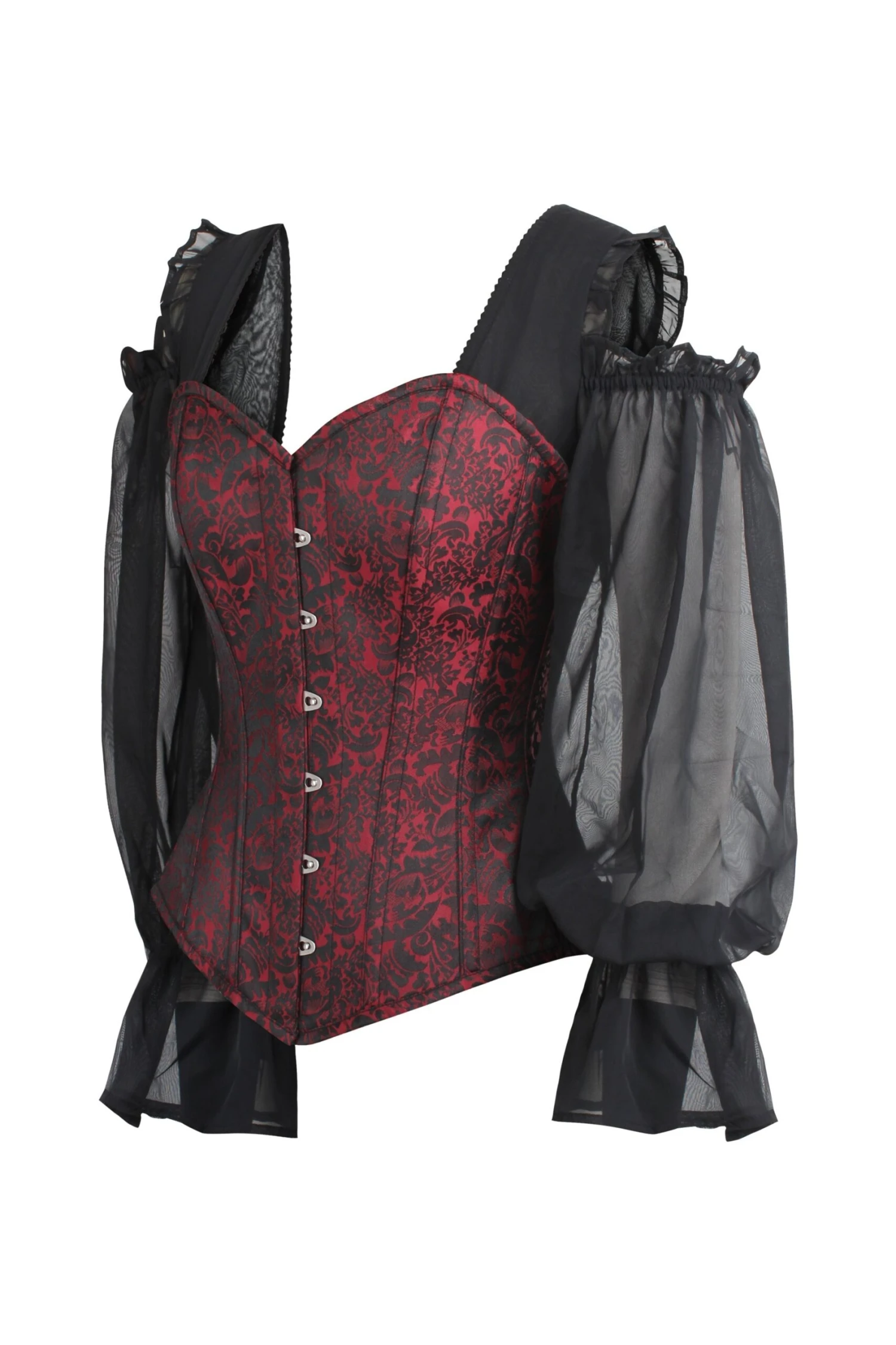 Red And Black Brocade Corset Top With Long Chiffon Sleeves 3 Red And Black Brocade Corset Top With Long Chiffon Sleeves - Image 3