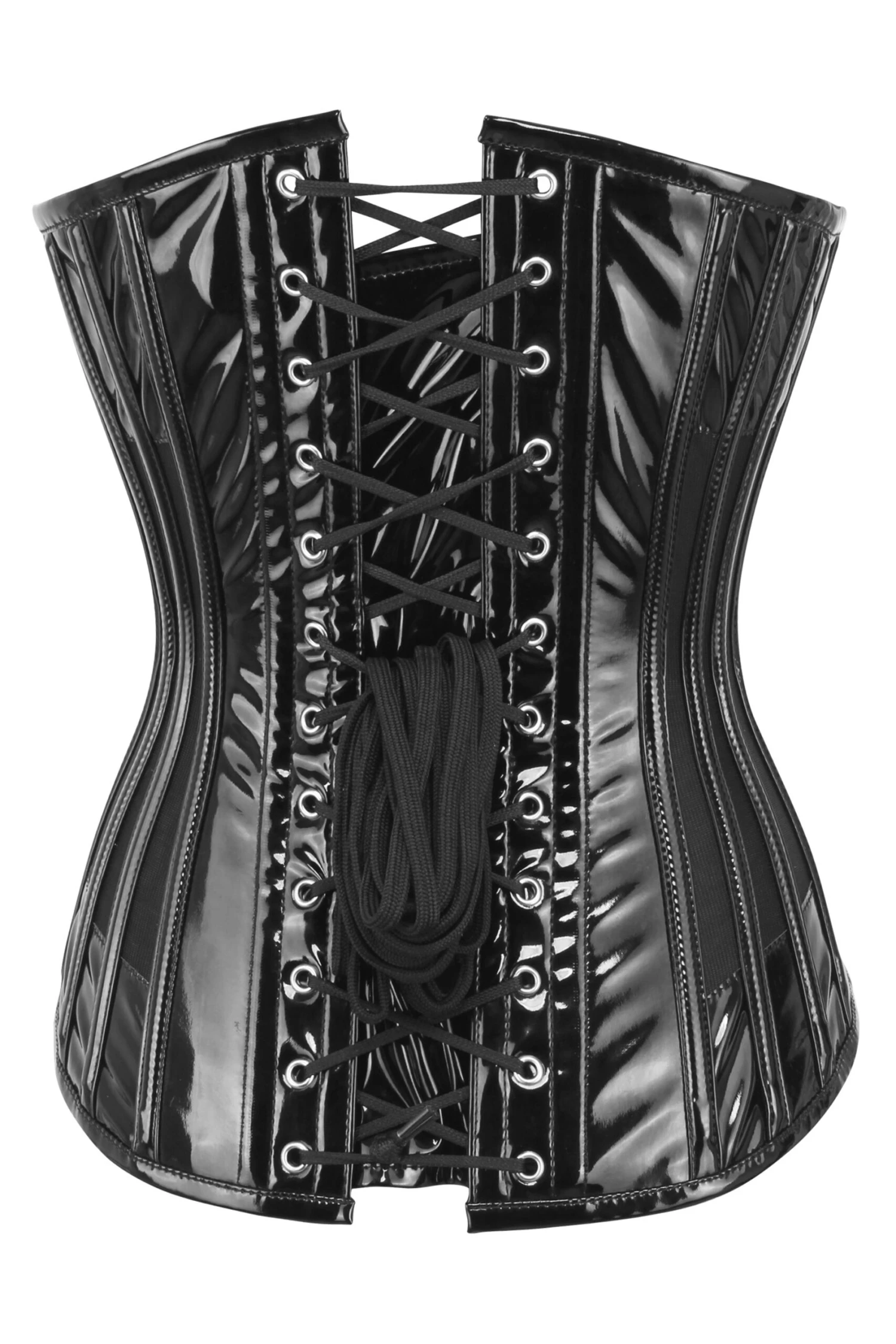 Black PVC Overbust Corset With Plunge Neckline And Side Mesh Panels 2 Black PVC Overbust Corset With Plunge Neckline And Side Mesh Panels - Image 2