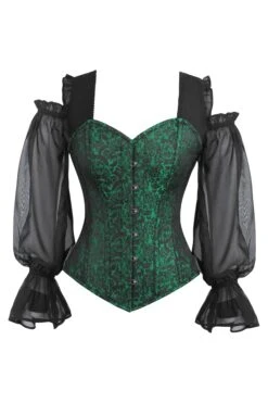 Long Sleeve Green And Black Brocade Corset Top With Chiffon Sleeves