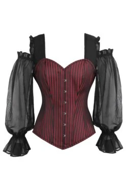 Long Sleeve Red And Black Striped Overbust Corset With Chiffon Sleeves
