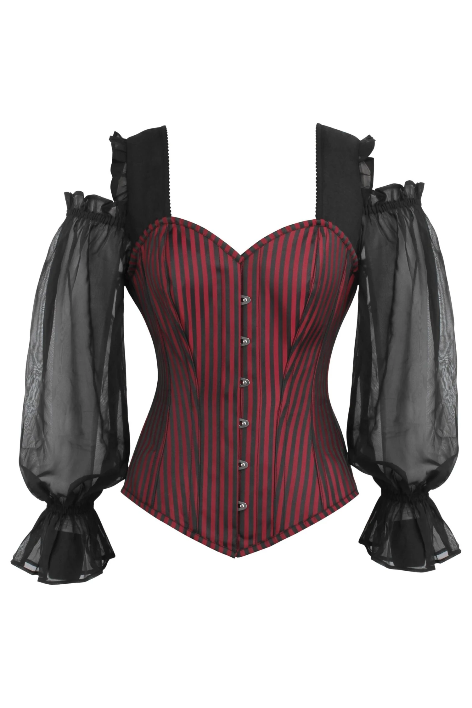 Long Sleeve Red And Black Striped Overbust Corset With Chiffon Sleeves 1 Long Sleeve Red And Black Striped Overbust Corset With Chiffon Sleeves