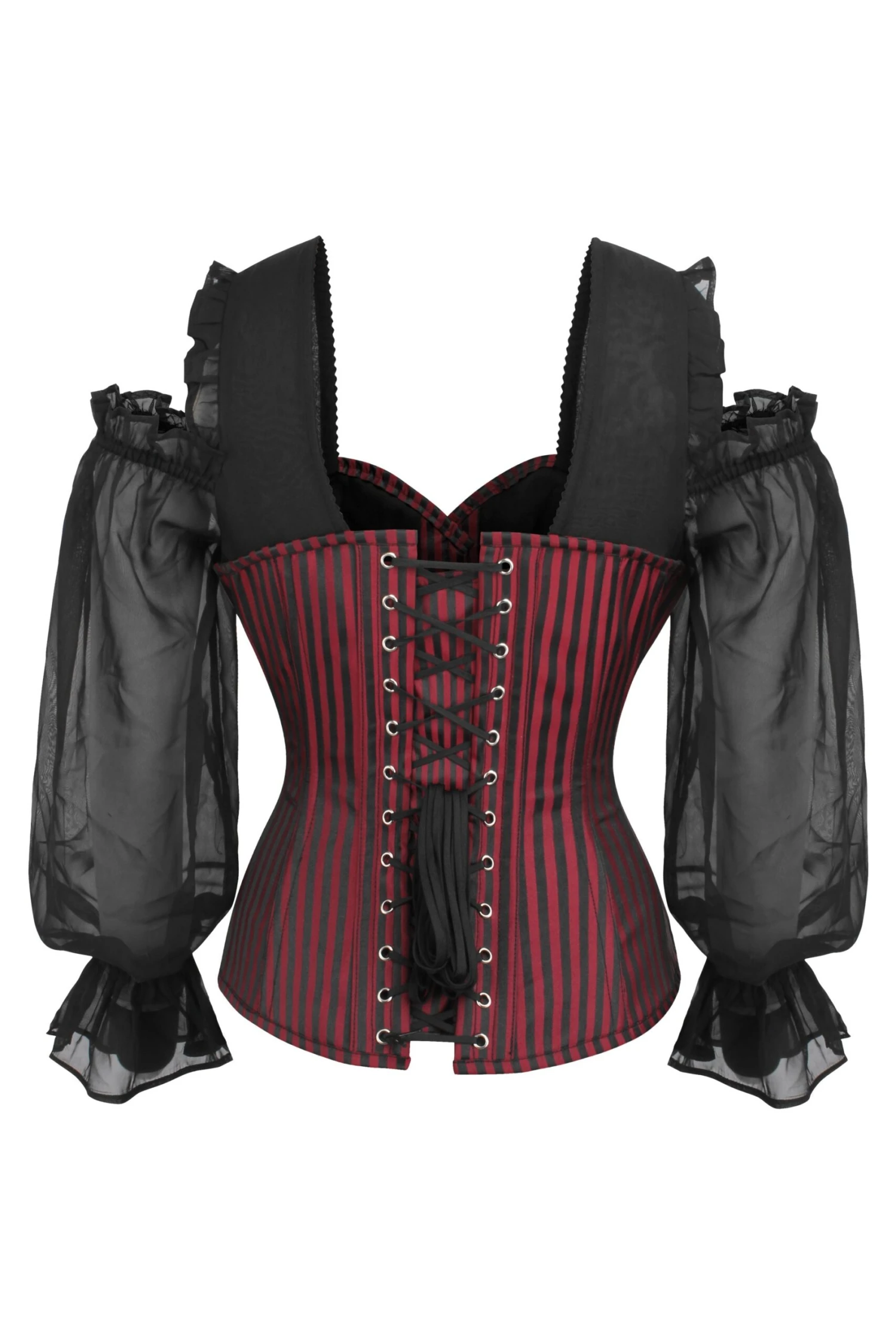 Long Sleeve Red And Black Striped Overbust Corset With Chiffon Sleeves 2 Long Sleeve Red And Black Striped Overbust Corset With Chiffon Sleeves - Image 2