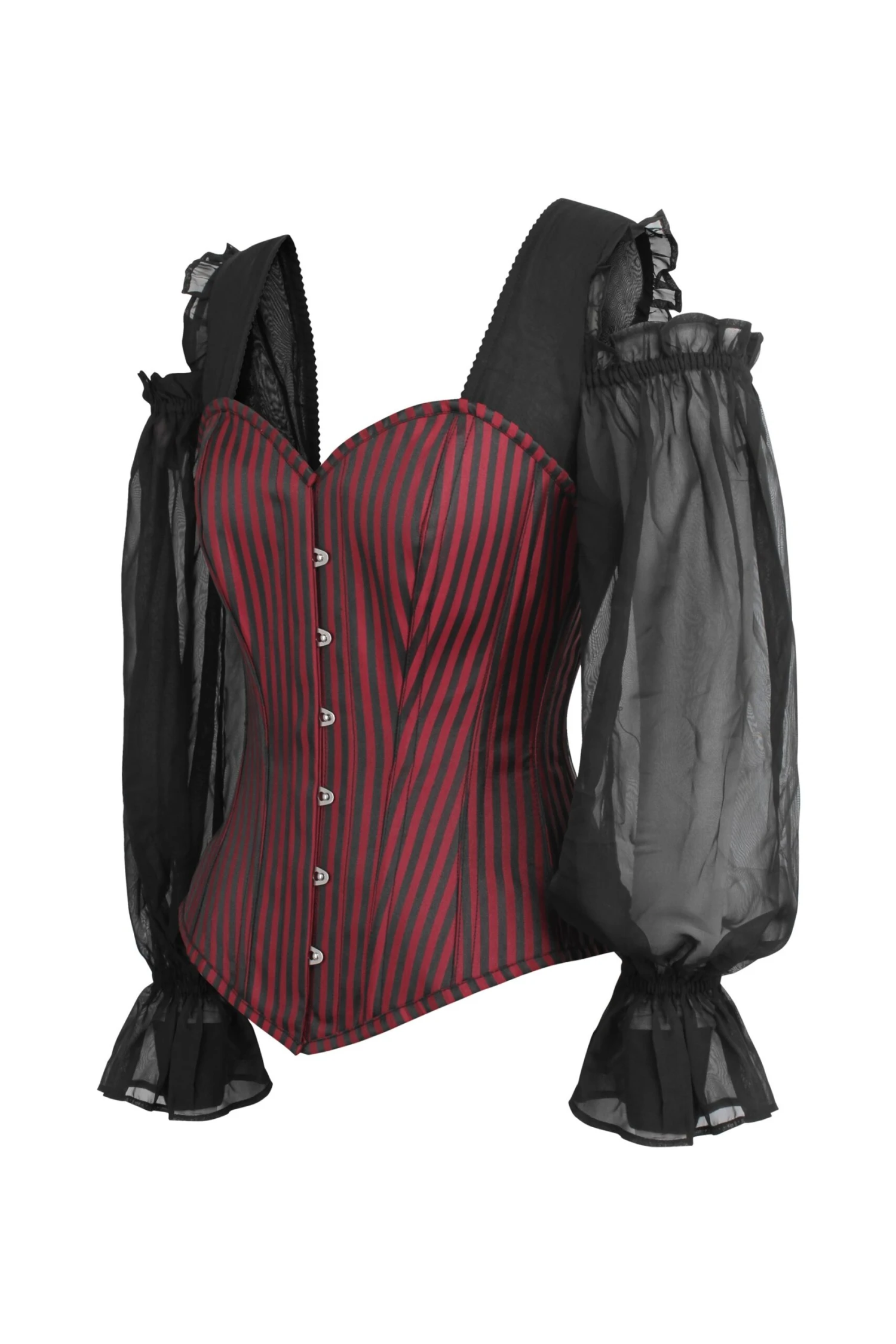 Long Sleeve Red And Black Striped Overbust Corset With Chiffon Sleeves 3 Long Sleeve Red And Black Striped Overbust Corset With Chiffon Sleeves - Image 3