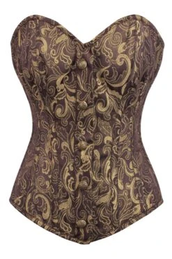 Brown And Gold Brocade Overbust Corset With Front Zip