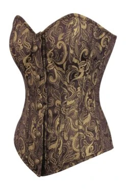 Brown And Gold Brocade Overbust Corset With Front Zip -Corset Story BC 0243