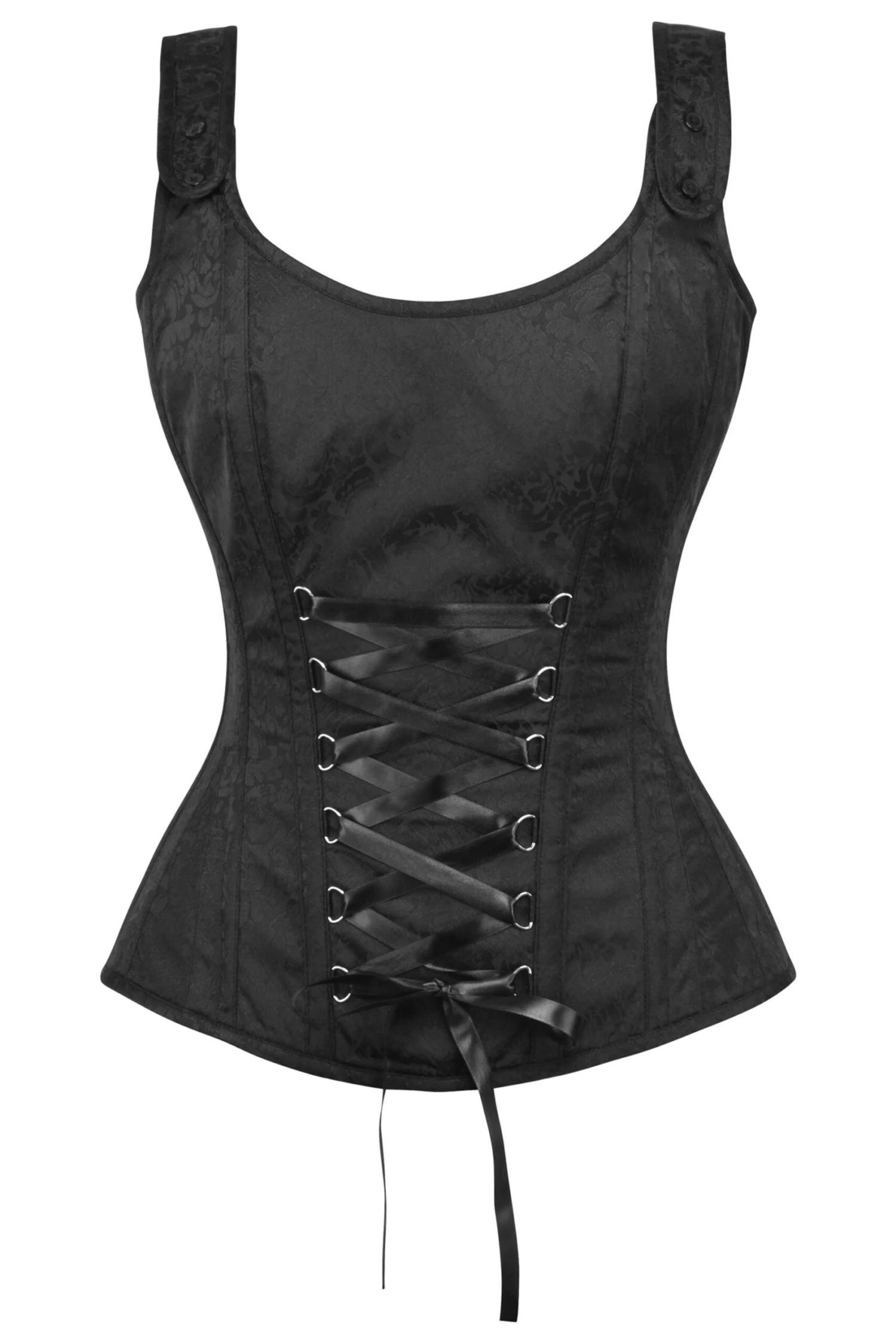 Black Brocade Overbust Corset With Zip Fastening And Button Detail Straps 1 Black Brocade Overbust Corset With Zip Fastening And Button Detail Straps