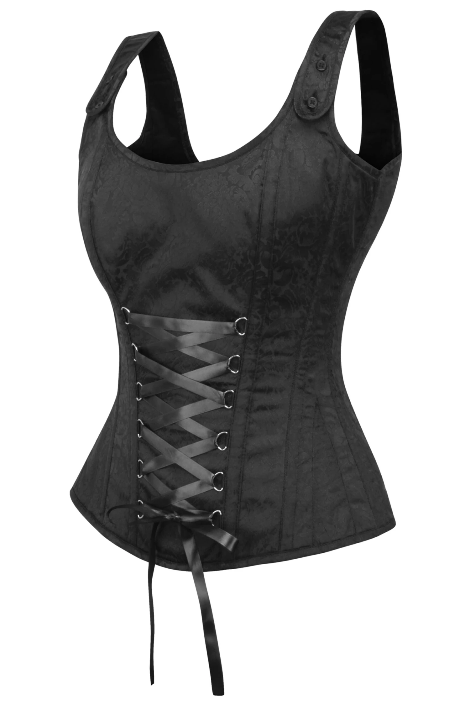 Black Brocade Overbust Corset With Zip Fastening And Button Detail Straps 3 Black Brocade Overbust Corset With Zip Fastening And Button Detail Straps - Image 3