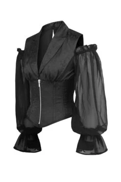 Black Brocade Corset Top With Long Sleeves With Zip Fastening -Corset Story BC 0333