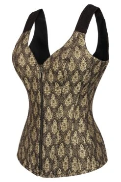 Brown And Gold Brocade Overbust With Zip Front 5 Brown And Gold Brocade Overbust With Zip Front -Corset Story BC 0373