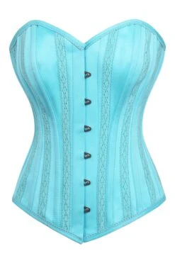 Cyan Blue Satin Overbust With Lace Trim Detailing