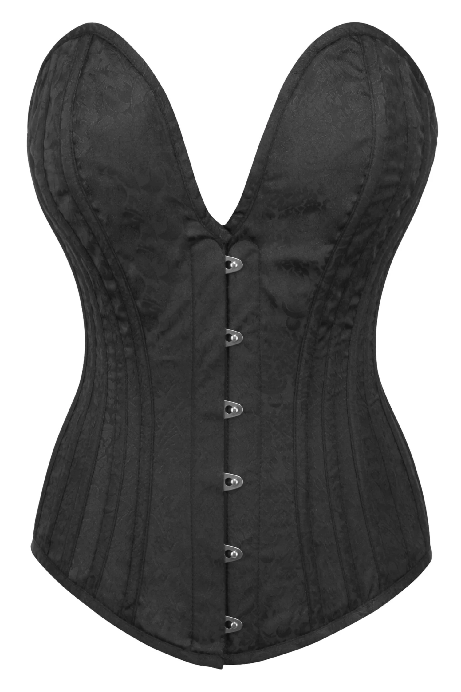 Black Brocade Overbust Corset With Plunge Neckline 1 Black Brocade Overbust Corset With Plunge Neckline