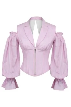 Pale Pink Corset Top With Front Zip And Long Sleeves