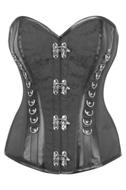 Black Brocade Overbust Corset With PVC Trims And Metal Loop Features