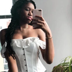 White Cotton Straight Bustline Corset Top With Off The Shoulder Sleeves 31 White Cotton Straight Bustline Corset Top With Off The Shoulder Sleeves -Corset Story CSFT101 Customerpic June2021 1 cd78b41c 7be6 418f a785 f5eee8a6af5f