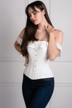 White Cotton Straight Bustline Corset Top With Off The Shoulder Sleeves 39 White Cotton Straight Bustline Corset Top With Off The Shoulder Sleeves -Corset Story CSFT101 1