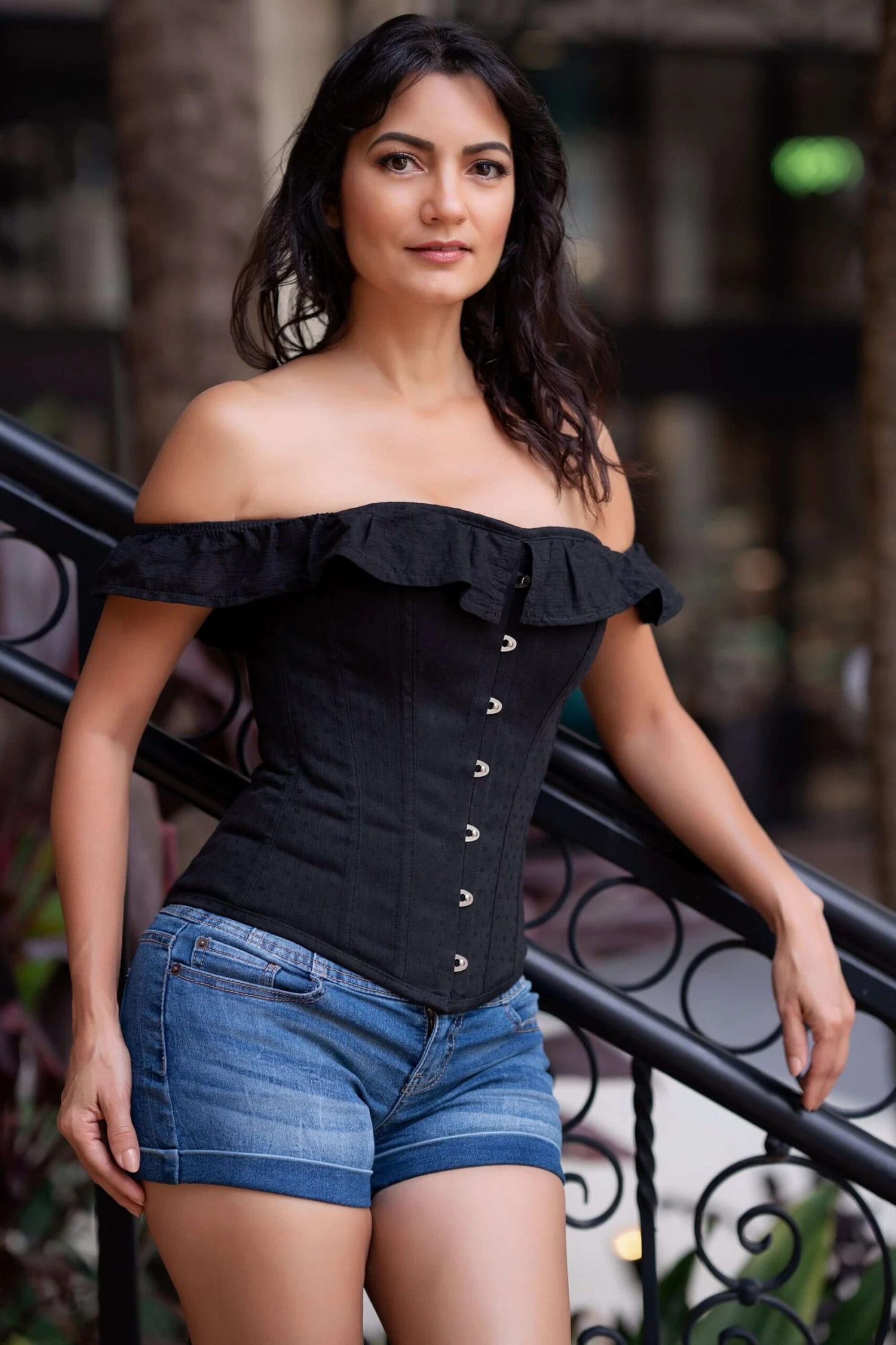 Black Cotton Straight Bustline Corset Top With Off The Shoulder Sleeves 6 Black Cotton Straight Bustline Corset Top With Off The Shoulder Sleeves - Image 6
