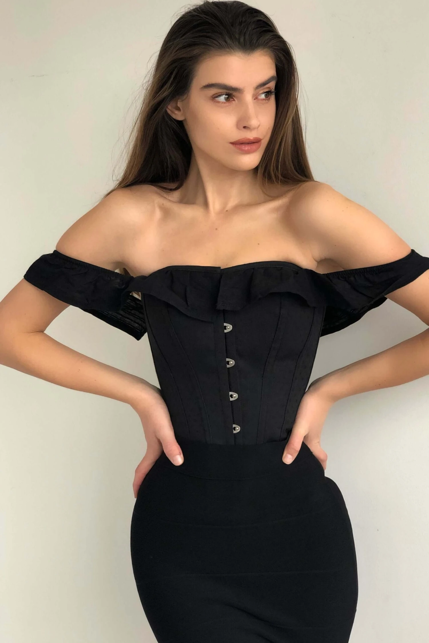 Black Cotton Straight Bustline Corset Top With Off The Shoulder Sleeves 5 Black Cotton Straight Bustline Corset Top With Off The Shoulder Sleeves - Image 5