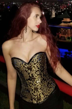 Black With Gold Brocade Pattern Longline Overbust With Hooks -Corset Story CSFT125 CustomerPic June2021