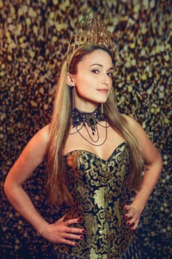 Black With Gold Brocade Pattern Longline Overbust With Hooks -Corset Story CSFT125 Jan2022