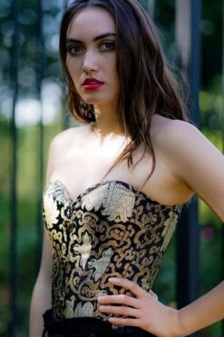 Black With Gold Brocade Pattern Longline Overbust With Hooks -Corset Story CSFT125 website 1