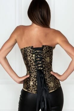 Black With Gold Brocade Pattern Longline Overbust With Hooks -Corset Story CSFT125 2