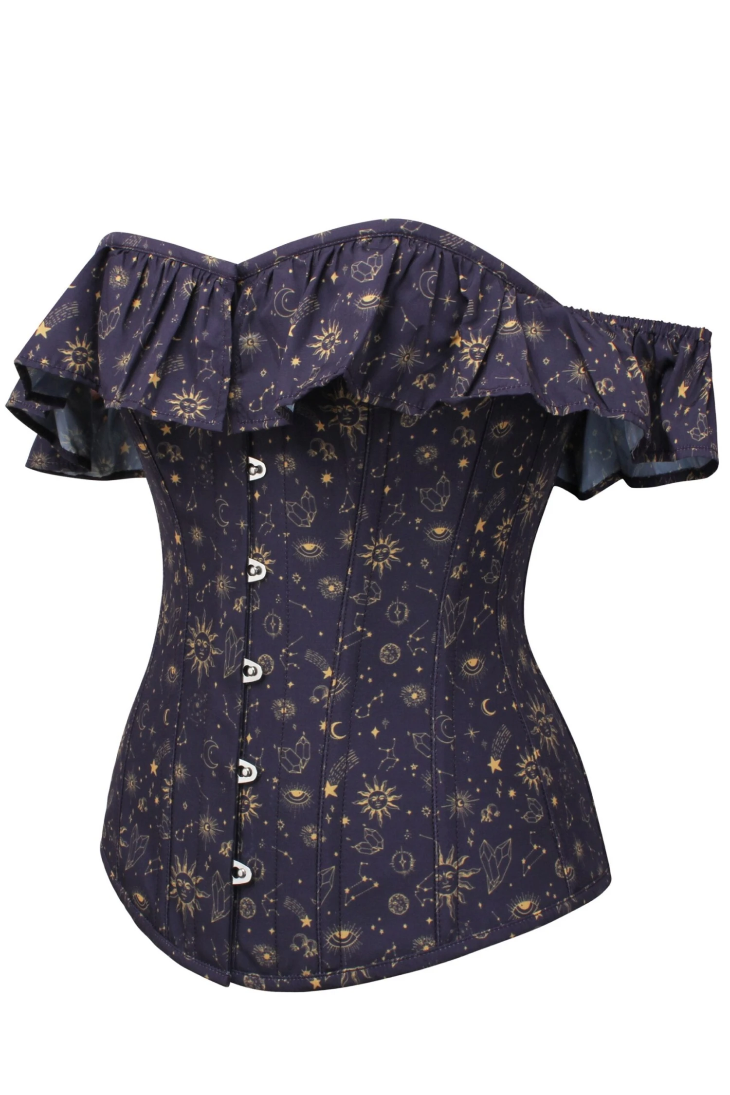 Mystic Galaxy Indigo And Gold Corset Top With Bardot Sleeve 1 Mystic Galaxy Indigo And Gold Corset Top With Bardot Sleeve