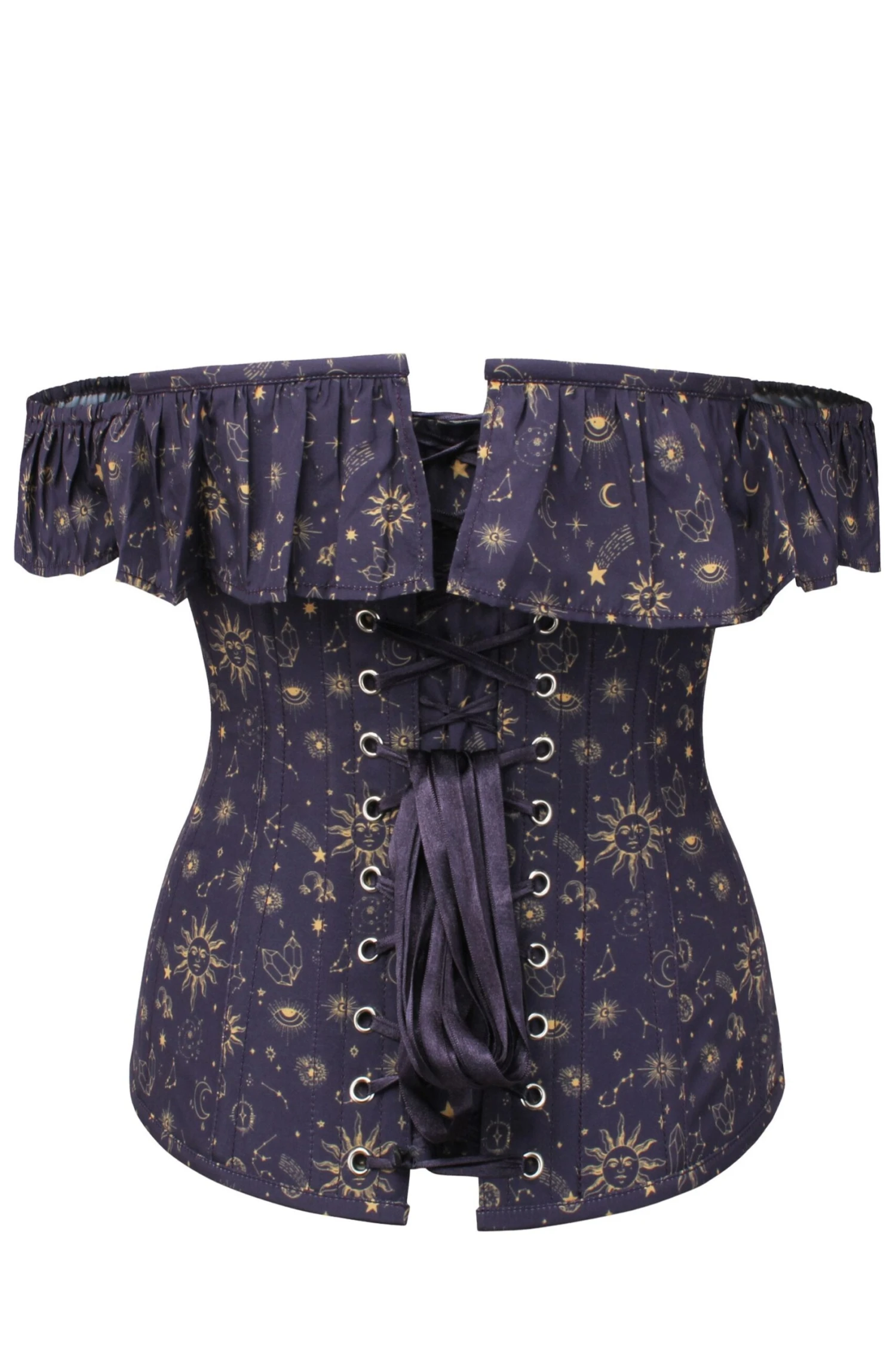Mystic Galaxy Indigo And Gold Corset Top With Bardot Sleeve 2 Mystic Galaxy Indigo And Gold Corset Top With Bardot Sleeve - Image 2