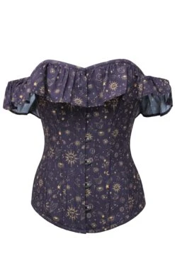 Mystic Galaxy Indigo And Gold Corset Top With Bardot Sleeve 5 Mystic Galaxy Indigo And Gold Corset Top With Bardot Sleeve -Corset Story CSFT1593