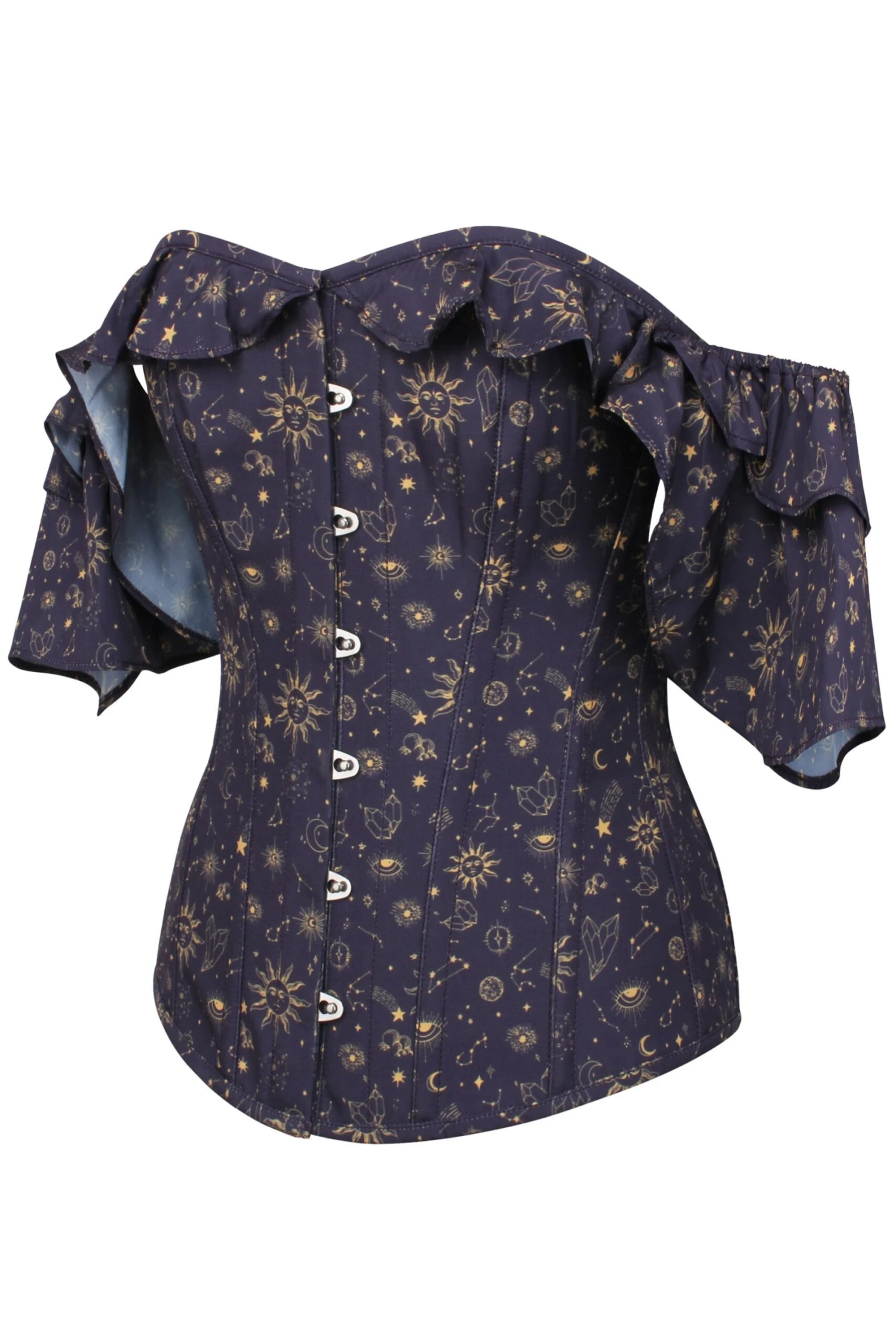 Mystic Galaxy Indigo And Gold Corset Top With Frilled Sleeve 1 Mystic Galaxy Indigo And Gold Corset Top With Frilled Sleeve