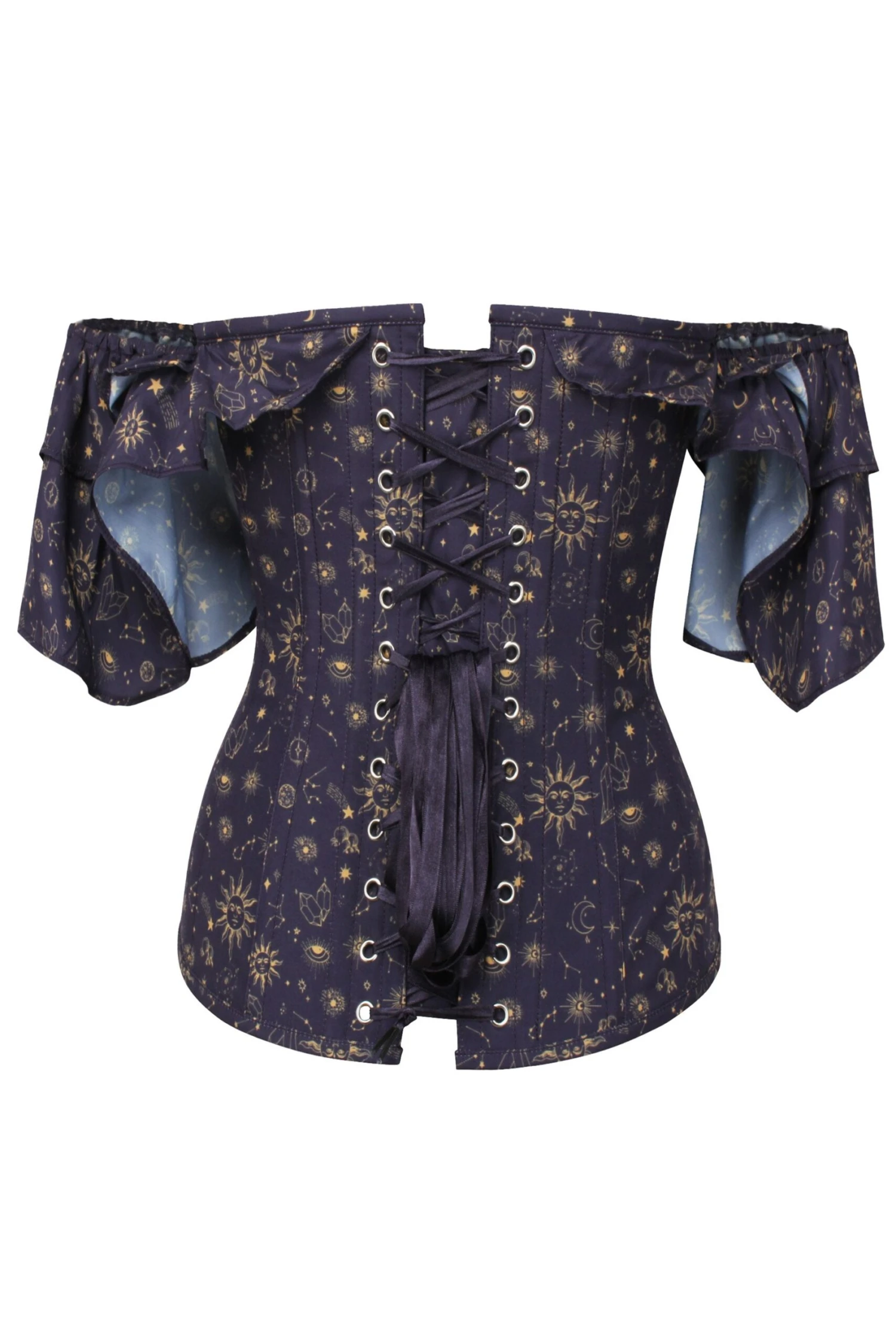 Mystic Galaxy Indigo And Gold Corset Top With Frilled Sleeve 2 Mystic Galaxy Indigo And Gold Corset Top With Frilled Sleeve - Image 2