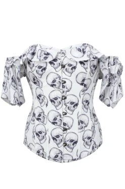 White And Grey Skull Gothic Corset Top With Frilled Sleeve -Corset Story CSFT1683