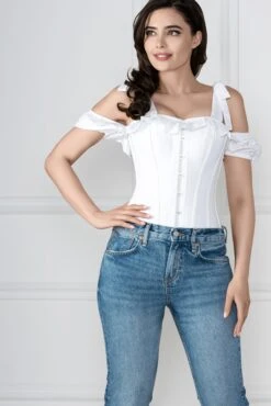 White Cotton Overbust With Sleeves And Shoulder Straps -Corset Story FTS023 front side