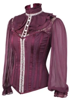 Dark Plum Corset Shirt With Puff Sleeves