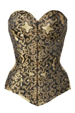 Black With Gold Brocade Pattern Longline Overbust With Hooks