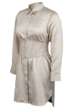 Matilda Champagne Satin Shirt Dress With Darted Waist -Corset Story LO 002 0413 b99735be e518 433e bcff 0584c3b23f4d