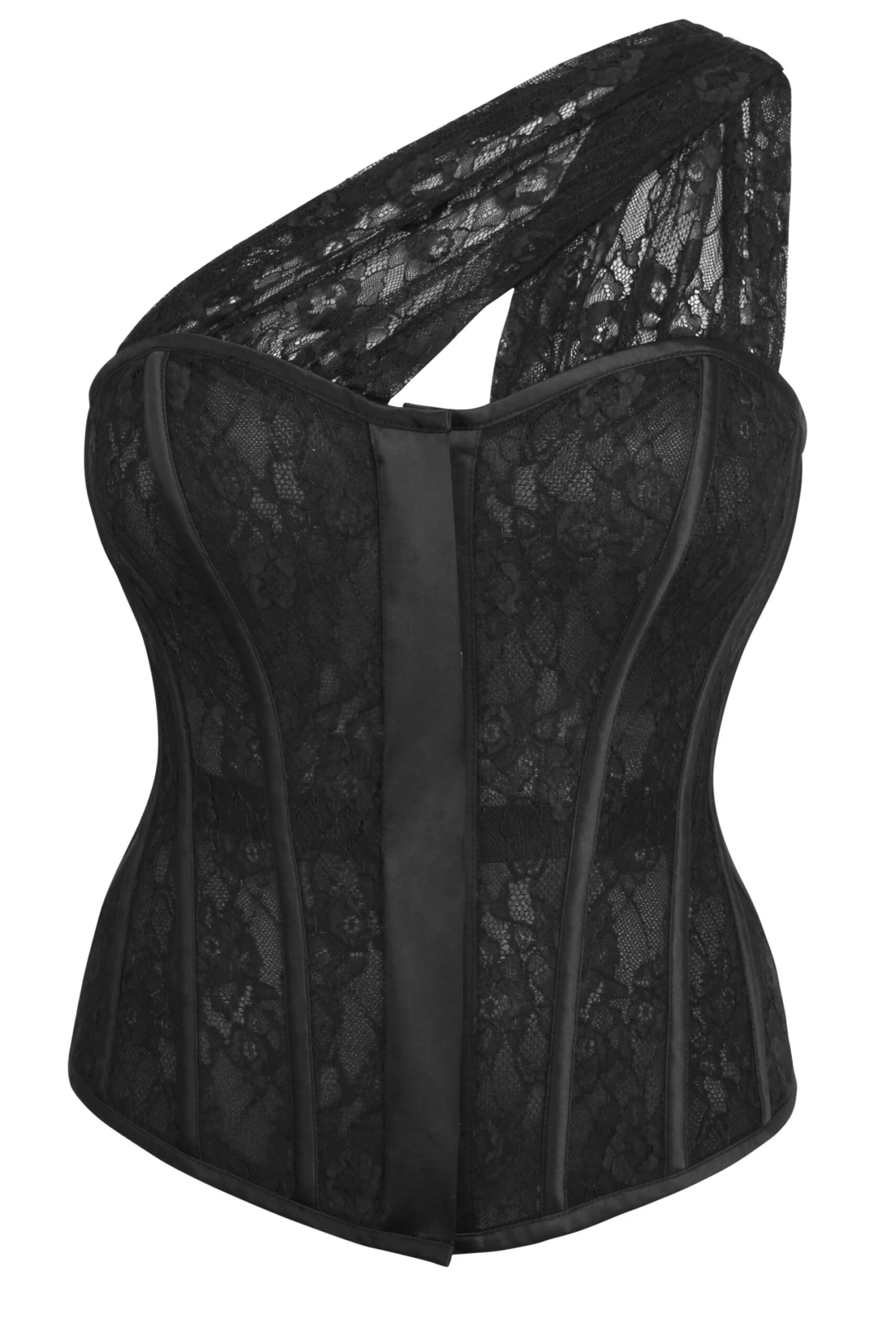 Emmeline Black Satin And Lace Overbust Corset With One Shoulder Detail 1 Emmeline Black Satin And Lace Overbust Corset With One Shoulder Detail